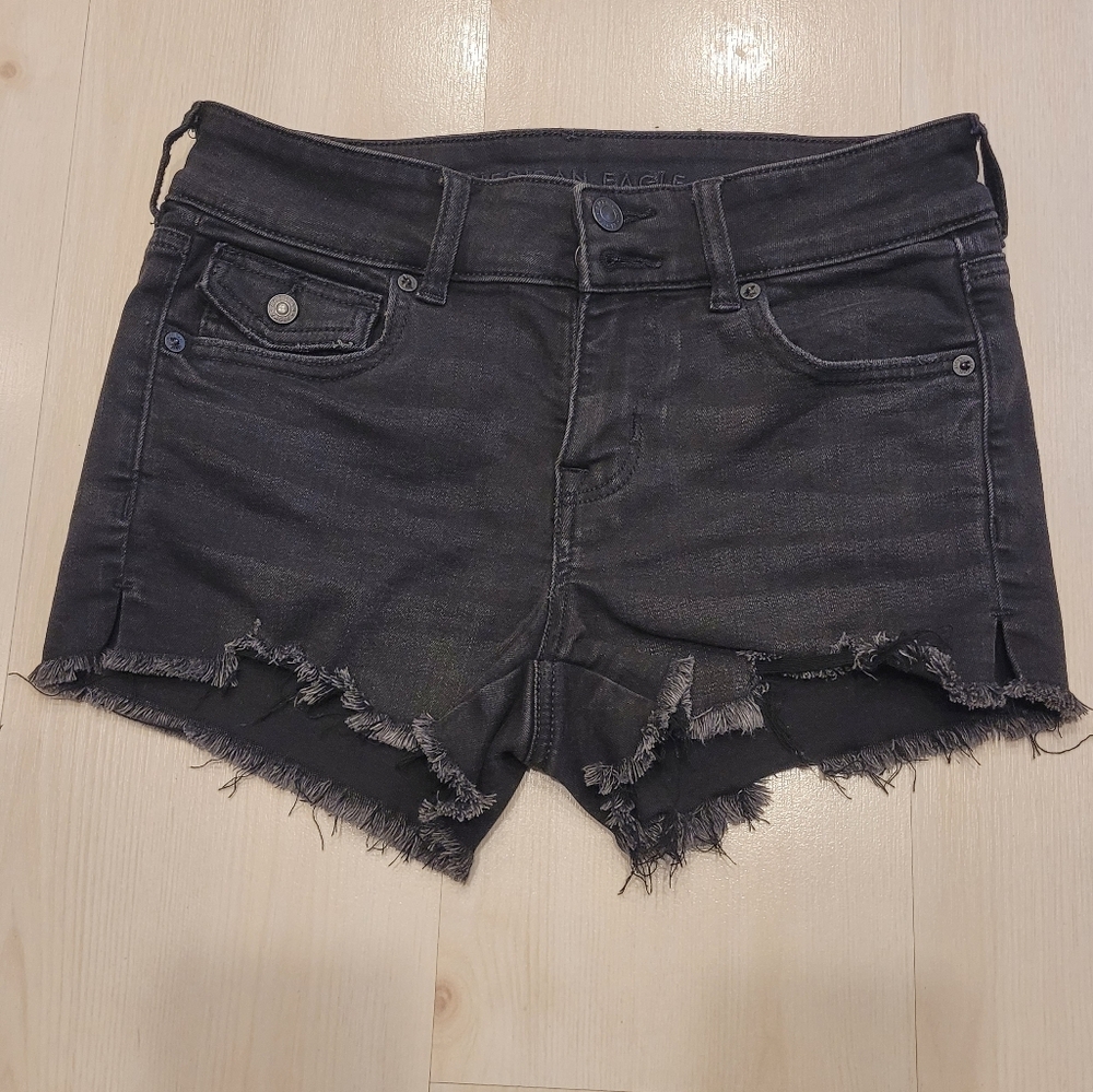 American Eagle AEO Next Level Distressed Mid Rise Stretchy Black Jean Shorts